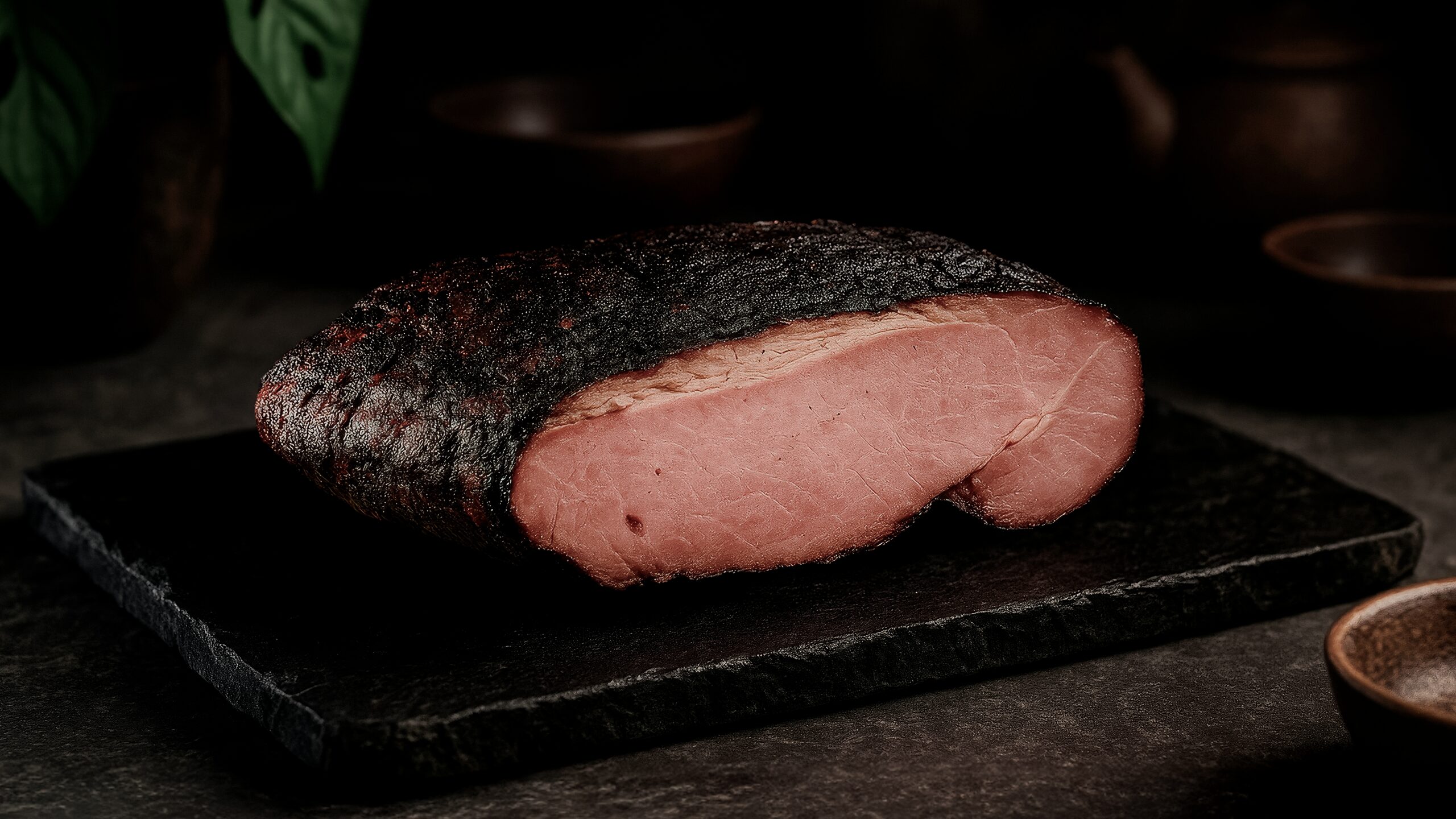 Pastrami artesanal defumado da Hans Charcutaria sobre ardósia escura